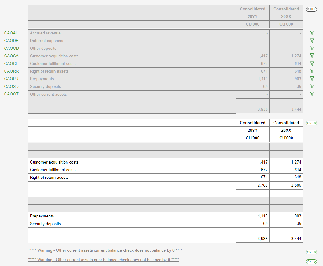 Image shows a system table switched off and a manual table formatted to include a subtotal for the first 3 rows. Fields have been inserted in the manual table linking to system table above.